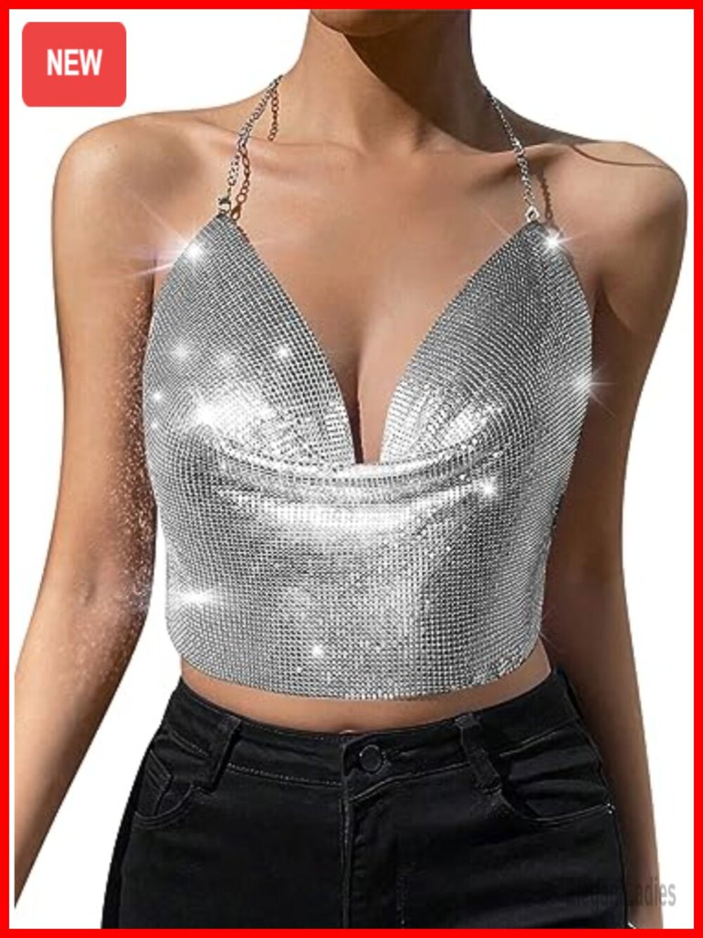 Sequin Rhinestone Chain Halter Backless Crop Top